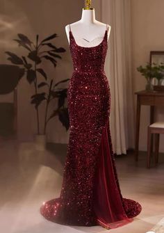 Wine Red Sequins Mermaid Long Formal Dress, Wine Red Evening Dress Party DressMaterial:sequinColor:As shown in figure color or custom colorBack details:lace-upDress type:bodyconneckline:spaghetti strapStyle:luxury&ltp&gtFeatures:shiny&lt/p&gt&ltbr/&gt&ltp&gtThis dress could be custom made, there are no extra cost to do custom size and color.&lt/p&gt&ltbr/&gt&ltp&gt1, If the color is customized, please note the color & card number.&lt/p&gt&ltbr/&gt&ltp&gt2,You can choose standard size or custom s Red Mermaid Hem Evening Dress For Banquet, Red Mermaid Dress With Mermaid Hem For Prom, Red Fishtail Banquet Dress, Red Fishtail Mermaid Dress For Party, Burgundy Fitted Evening Dress For Red Carpet, Red Fitted Mermaid Dress For Banquet, Red Mermaid Dress For Party, Red Mermaid Hem Dress For Banquet, Fitted Red Mermaid Dress For Banquet