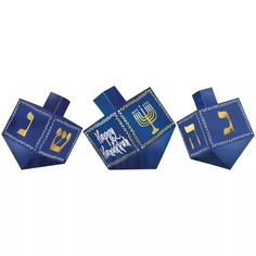 three blue and gold hanukkah boxes with the word happy hanukkah written on them