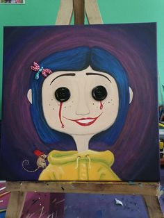 a painting of a girl with blue hair wearing a yellow shirt and black eyeliners