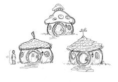 three cartoon houses with people standing in front of them and one has a mushroom on the roof