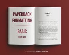 an open book with the text paperback formating basic only text on red background