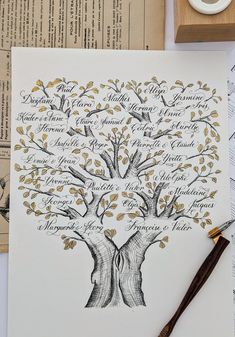 Ideal for a nice gift, a grandparent's birthday, a family memory, bringing together all your loved ones in the form of a family tree,... What could be more moving than creating and shaping YOUR family's story over several generations? I am here to beautify it according to your request! Creations made in A4 format, black or white 120mg paper. Size and color to adapt to your needs 😊 Contact me to discuss your wish, format, type of calligraphy, preferred ink color... Please note 📝 I only need a t Family Tree Art Template, Family Tree Drawing Ideas, Family Tree Wood Burning, Family Tree Watercolor, Large Family Tree Template, Tree Drawing Ideas, Mixed Media Family Tree, Family Tree Drawing, Unique Family Tree