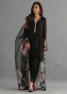 Color: Black Fabric: Shalwar & Kameez: Cotton net Dupatta: Organza Work Technique: Lace Detailed Description: Digital print organza dupatta with lace detailed shalwar kameez in cotton net fabric. This is a 3 piece stitched outfit Includes: Kameez Pants Dupatta Black Organza Dress, Net Dress Design, Black Net Dress, Black Pakistani Dress, Digital Print Dupatta, Dress Design Pakistani, Organza Dresses, Simple Black Dress, Net Dress