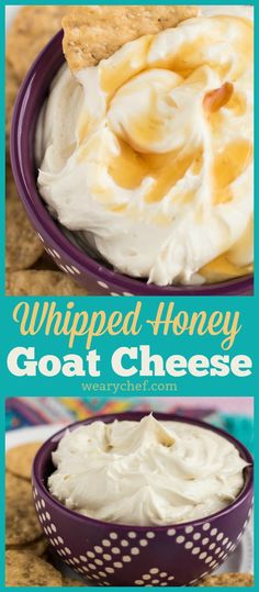 whipped honey goat cheese in a purple bowl