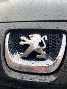 the front grille of a car with a lion emblem on it