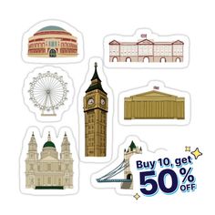 the stickers are all different types of buildings and ferris wheel on white background with text buy 10 get 50 % off