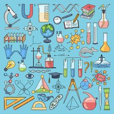 Colored items of science biology and chemical. Vector hand drawn illustrations stock illustration Chemistry Lab Equipment, Science Doodles, Chemistry Art, Science Background, Science Illustration, Easy Doodles, Bio Art