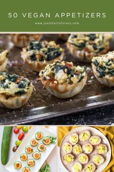 several different types of appetizers are shown in this collage with the words, 50 vegan appetizers