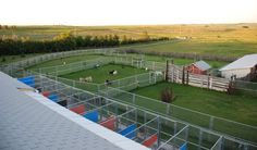 an aerial view of a fenced in area with animals