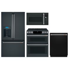 a black stove, refrigerator, microwave and dishwasher combination with stainless steel appliances