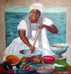 a painting of a woman cooking food on a table next to bowls and pans