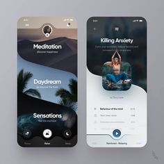 two mobile phone screens showing meditation and meditation app designs on the same screen, one with an image of a man doing yoga