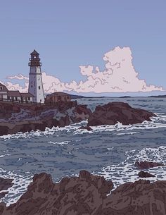 a drawing of a lighthouse on top of a rocky cliff next to the ocean with waves crashing against it