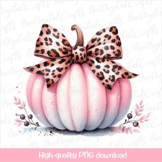 a pink pumpkin with leopard print bow on it's head and the words high quality png