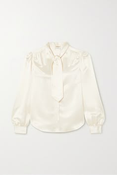 SAINT LAURENT's blouse is made from cream silk-charmeuse with a classic pussy-bow neck tie, which can be looped into a bow or worn loose. It's cut for a slightly loose fit with gently puffed sleeves and gathered cuffs. Layer yours under one of the brand's tailored blazers. Ysl Dresses, Build Wardrobe, Ysl Dress, Saint Laurent Collection, Cream Silk Blouse, Dressy Hats, Silk Chiffon Blouse, Dior Top, White Silk Blouse