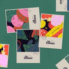 four postcards with different designs on them, one has the word la flower in it