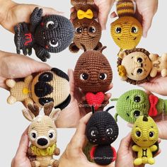 there are many small crocheted animals in the hands