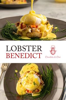 lobster benedict with eggs and hollandaise sauce served on a black plate topped with green onions