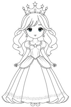 a princess with long hair wearing a tiara and dress coloring pages for kids, printable