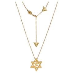 Merkaba 18K yellow gold Star Of David pendant necklace, featuring a total of approximately 1.28 carats of round brilliant fancy yellow diamonds. This heirloom-quality, geometric jewelry piece, suspends elegantly at the chest, measuring 0.68 inches, a three-dimensional symbol of universal light. The chain features a unique, triangle-stop closure for a choice of two lengths 16-18 inches. Crafted by extremely skilled hands in the USA, Merkaba is a shining chariot for global unity. Returns are accep Art Deco Luxury, Victorian Pendant Necklace, Yellow Diamond Necklace, Spiritual Alignment, Art Deco Pendant Necklace, 3d Pendant, Star Of David Necklace, Horseshoe Pendant, Victorian Pendants