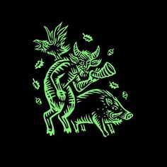 a green glow sticker with an image of a demon riding a boar on it's back