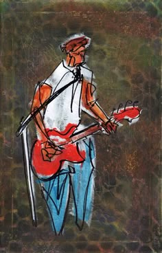 a drawing of a man playing an electric guitar