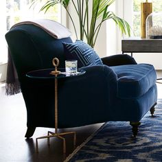 a living room filled with furniture and a large plant on top of a table in front of a window