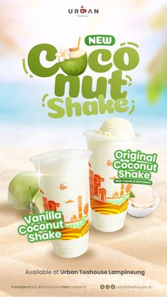 two cups of ice cream on the beach with an advertisement for coconut shake in the background