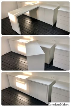 three different views of an office desk with drawers