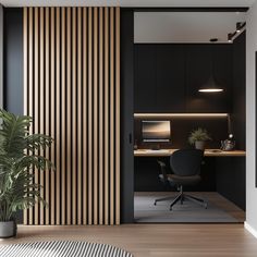 an office with black walls and wooden slats on the wall, along with a potted plant