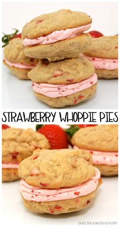 strawberry whoopie pies are stacked on top of each other