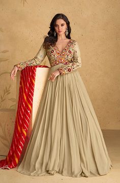 Onion Colour Dress, Onion Colour, Taupe Gown, Silk Anarkali Gown, Anarkali Tops, Floor Length Anarkali, Silk Anarkali, Gown With Dupatta, Gown Suit