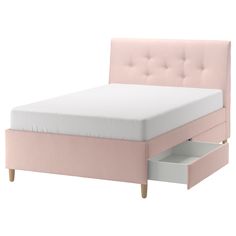 a pink bed with two drawers on each side and a white mattress in the middle