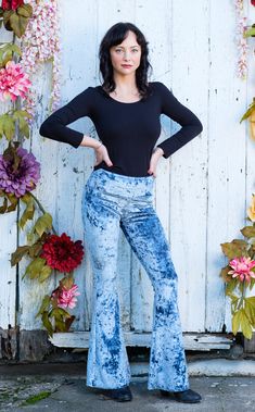 The Slim Bell Pants are the go to every day pant aka "the yoga pants." These puppies should be in constant rotation in your closet. We have taken our Flow Pant and toned it down on the flare and turned it up on the fit from hip to knee. Design Features: Wider waist band hits just under belly button Low rise center seam Hugs hips and legs to knee Slight flare at knee Great for every day, dance, movement, hooping and yoga Made in San Francisco, CA, USA Fabric Features: Silver soft crush velvet. 92 Pants Bell Bottoms, Irish Dance Dress Designs, Velvet Bell Bottoms, Yoga Flare Pants, Velvet Flare Pants, Warrior Within, Bell Pants, Velvet Hoodie, Dance Movement