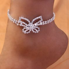 Elegant Bling Anklets For Party, Elegant Party Anklets With Bling, Summer Elegant Rhinestone Anklets, Crystal Anklets For Parties, Elegant Rhinestone Anklets For Party, Silver Ankle Wrap Bracelets For Party, Butterfly Anklet, Big Butterfly