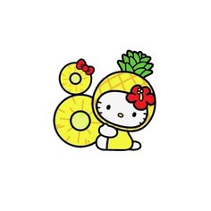 hello kitty with pineapples on her head and number eight in the background,