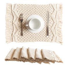 a place mat, napkins and fork on a white tablecloth with silverware