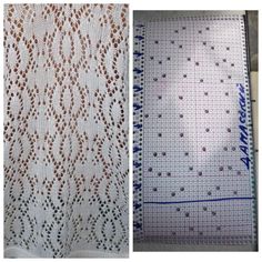 two pictures showing the same pattern as they are being used to make an upholstered curtain