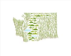 a map of the state of washington with trees and mountains in green, on a white background