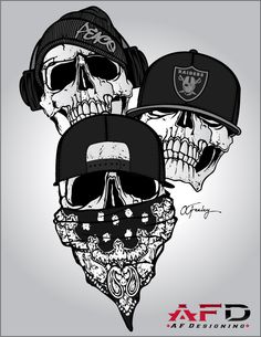 three skulls wearing hats and bandannas with the oakland football team's logo