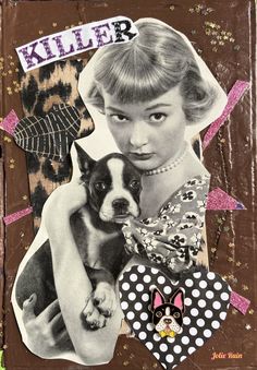 an altered photograph of a woman holding a dog