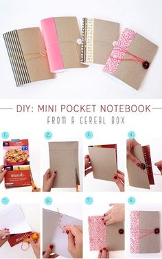 how to make a mini pocket notebook from a cereal box - step by step instructions