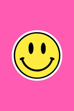 a yellow smiley face with black eyes on a pink background and the words happy written below it