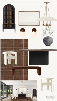 a collage of different furniture and decor items in white, black, brown and beige colors