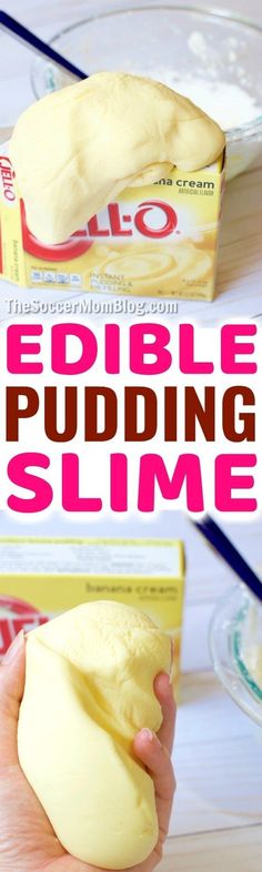 a person holding a piece of food in their hand with the words edible puddinging slime on it