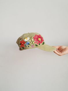 Hand Embroidered Hat / Custom Embroidered Hat / Floral Embroidered Hat / Embroidered Baseball Caps / Khaki Visor Hat For Spring, Spring Outdoor Baseball Cap With Embroidered Logo, Outdoor Baseball Cap With Embroidered Logo For Spring, Khaki Visor Baseball Cap For Spring, Spring Outdoor Hat With Embroidered Logo, Green Spring Hat With Curved Visor, Khaki Curved Brim Hat With Embroidered Logo, Khaki Hat With Embroidered Logo And Curved Brim, Embroidered Snapback Baseball Cap For Outdoor