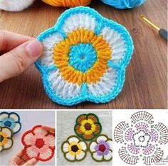 crocheted flowers are shown in different colors and sizes, including blue, yellow, orange