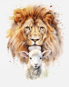 a painting of a lion and a lamb with watercolors on it's face