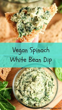 vegan spinach white bean dip in a glass bowl with bread on the side