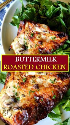 buttermilk roasted chicken on a plate with greens